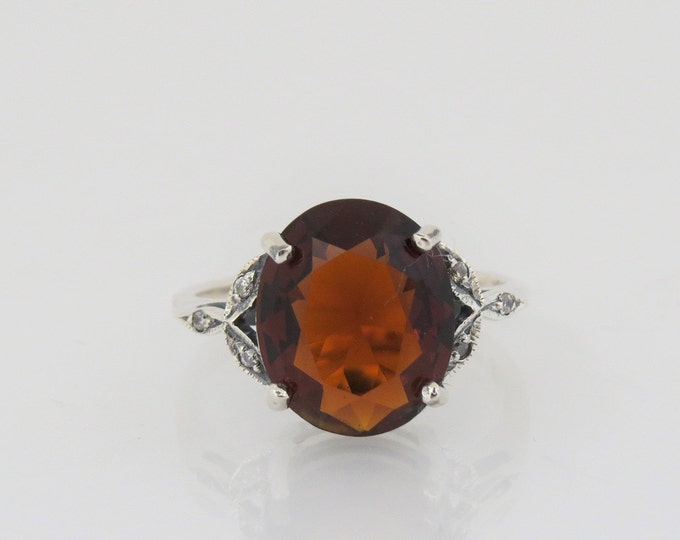 Vintage Sterling Silver Oval Garnet & White Topaz Ring.