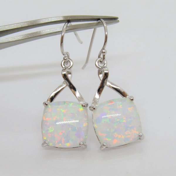 Vintage Sterling Silver Cushion White Opal Celtic Dangle Earrings