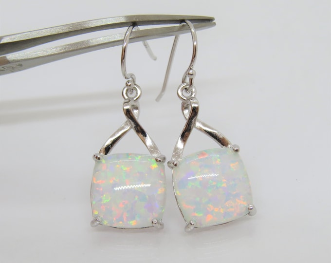 Vintage Sterling Silver Cushion White Opal Celtic Dangle Earrings