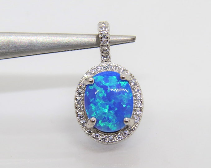 Vintage Sterling SilverOval Blue Opal & White Topaz Pendant