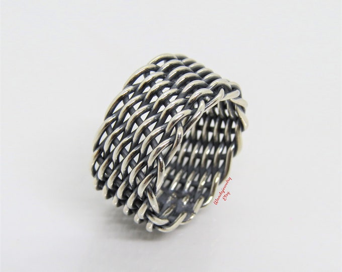 Vintage Sterling Silver Wide Weave Knot Band Ring Size 9