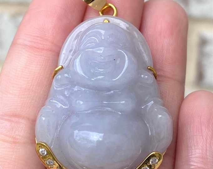 Vintage 18K Solid Gold Purple Lavender Jadeite Jade, White Topaz Laughing Buddha Pendant Mat Ong Dia.