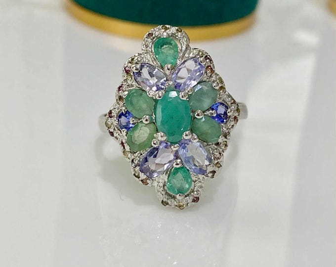 Vintage Sterling Silver Natural Emerald & Tanzanite, White Topaz Long Ring Size 8 3/4