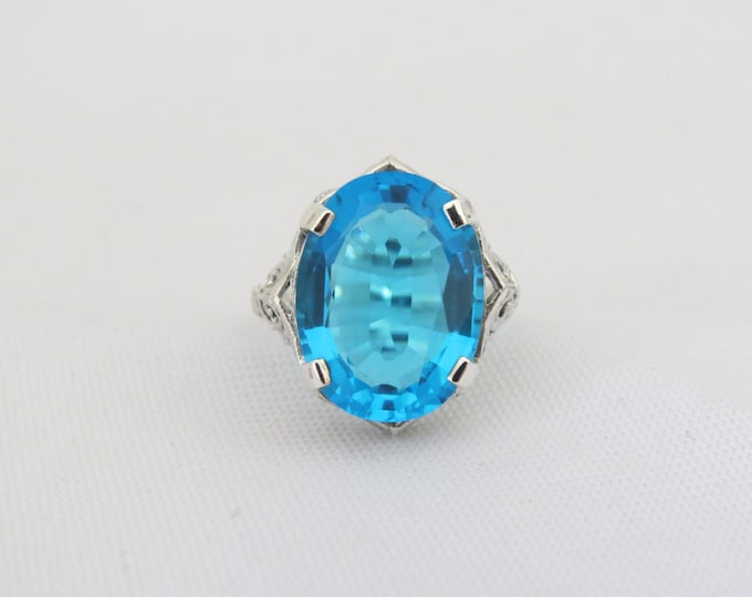 Vintage Sterling Silver London Blue Topaz Filigree Ring Size 8