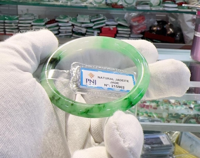 Vintage Translucent Natural Green, White & Black Jadeite Jade Bangle Bracelet 52.3MM