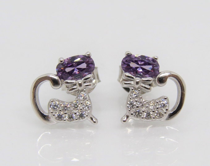 Vintage Sterling Silver Amethyst & White Topaz Cat Earrings