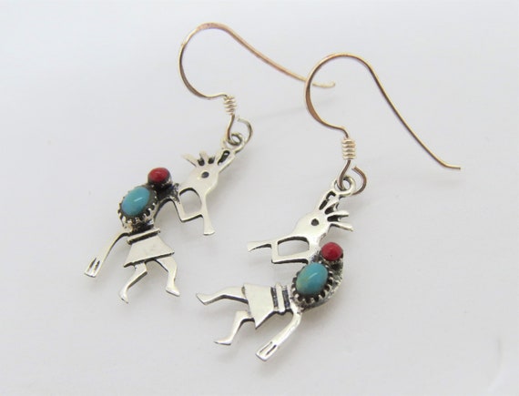 Vintage Sterling Silver Turquoise, Coral Kokopell… - image 2