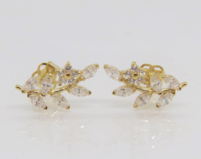 14K Solid Yellow Gold White Topaz Leaf Flower Earrings