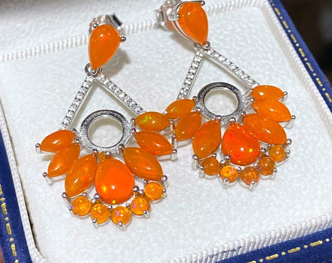 Vintage Sterling Silver Natural Orange Fire Opal, White Topaz Dangle Earrings.