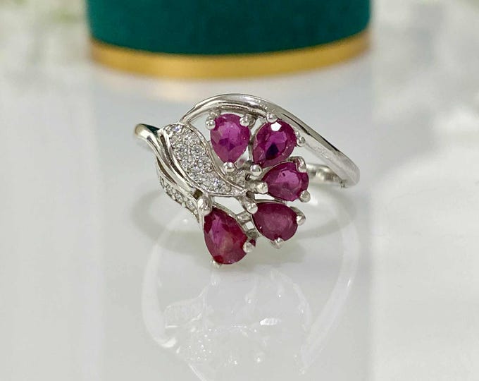 Vintage Sterling Silver Natural Ruby & White Topaz Flower Ring Size 6 1/2