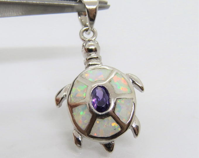 Vintage Sterling Silver Amethyst & White Opal Turtle Pendant
