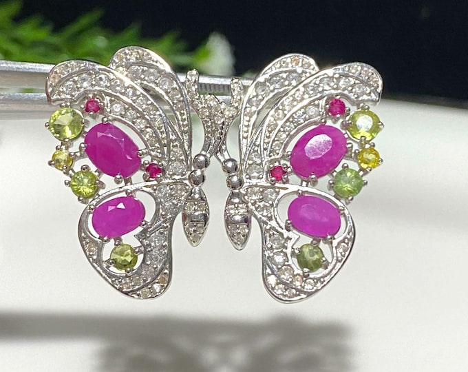 Vintage Sterling Silver Natural Ruby, Peridot & White Topaz Butterfly Earrings.