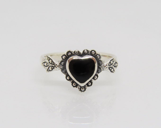 Sterling Silver Black Onyx Heart Ring Size 8