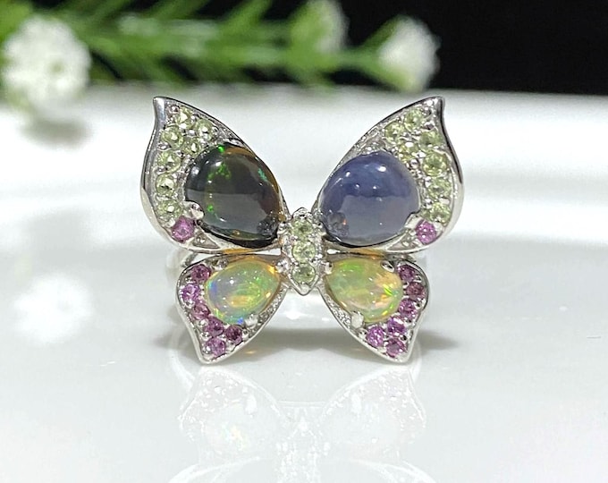 Vintage Sterling Silver Natural Fire Opal, Peridot & Rhodolite Butterfly Ring Size 8