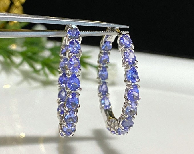 Vintage Sterling Silver Pear cut Tanzanite Hoop Earrings 29MM