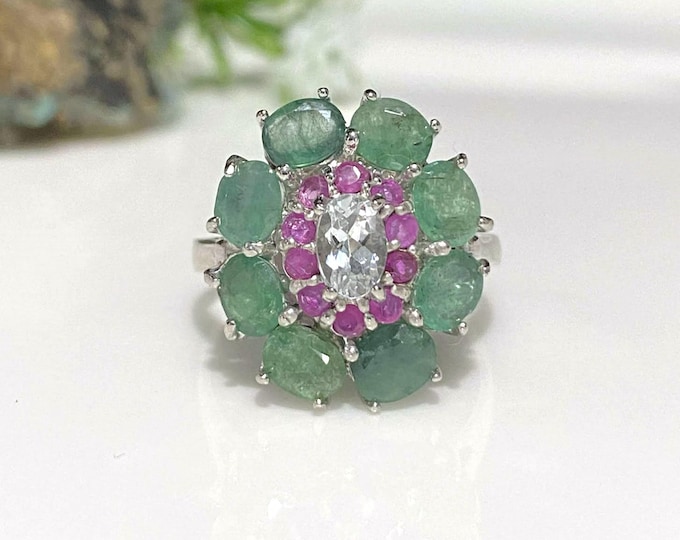 Vintage Sterling Silver Natural Emerald, Aquamarine & Ruby Ring Size 8