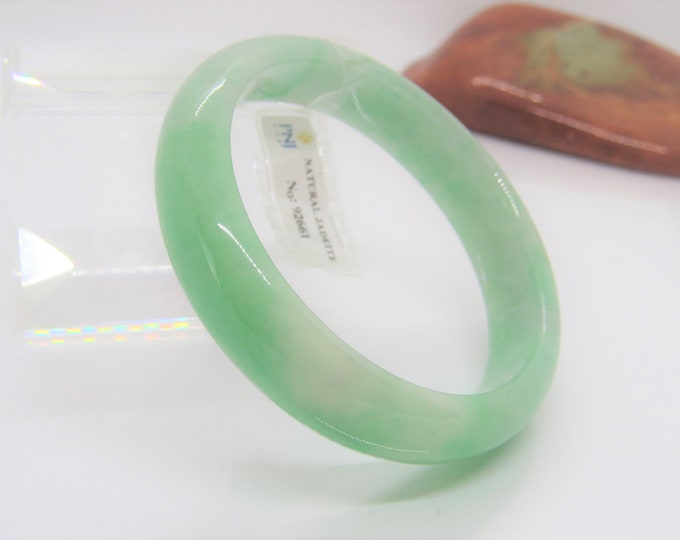 Vintage Translucent Natural Green White Jadeite Jade Oval Bangle Bracelet 58.8MM