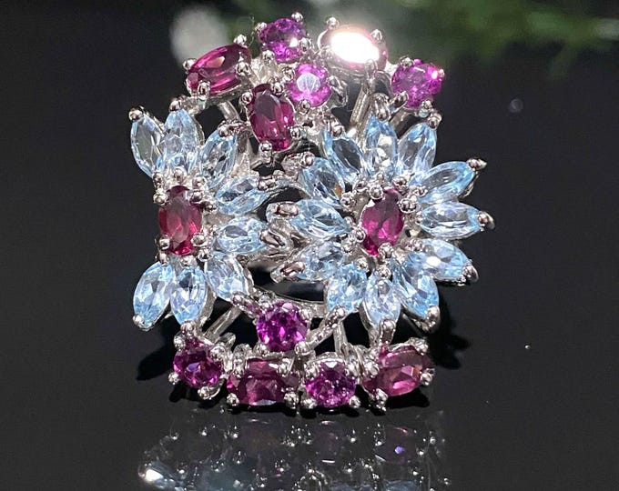 Vintage Sterling Silver Natural Aquamarine & Rhodolite Flowers Ring Size 8.5