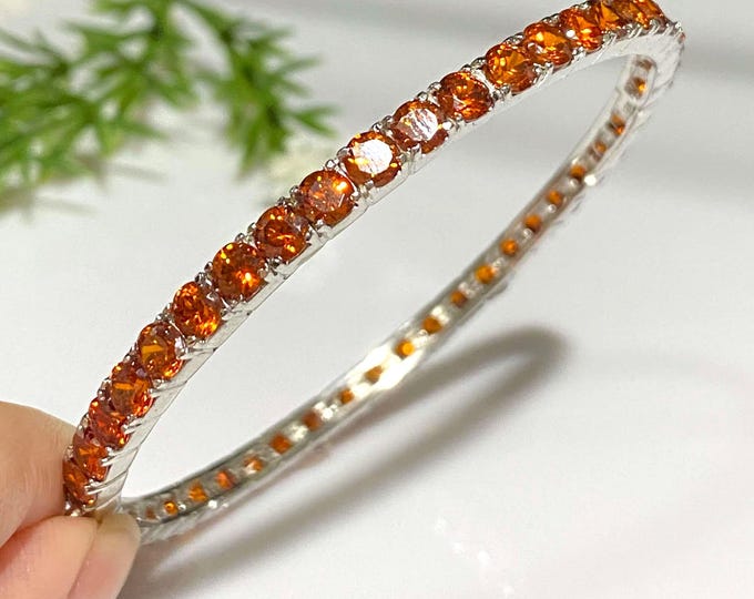 Vintage Sterling Silver Round cut Orange Fire Opal Bangle Bracelet 59MM