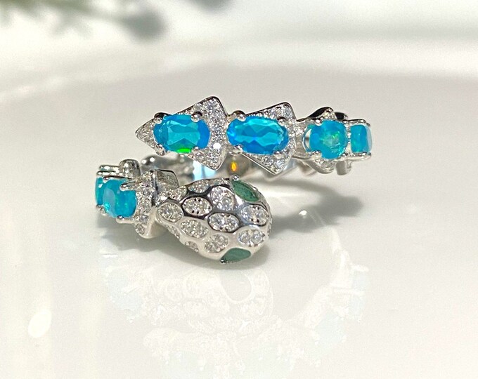 Vintage Sterling Silver Natural Emerald, Blue Opal & White Topaz Snake Ring Size 8