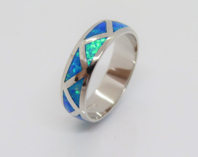 Vintage Sterling Silver Blue Opal Band Ring Size 8.5