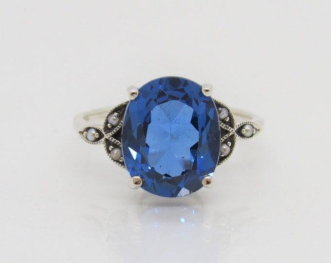 Vintage Sterling Silver London Blue Topaz & Seed Pearl Ring Size 8