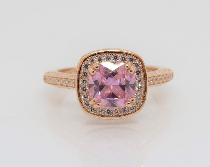 Vintage Sterling Silver Rose Gold Plated Pink Sapphire & White Topaz Ring Size 8