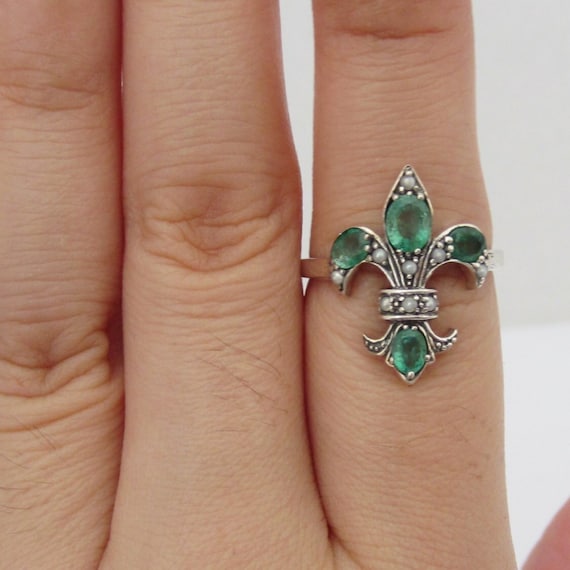 Vintage Sterling Silver Nature Emerald Seed Pearl Fleur De Lis