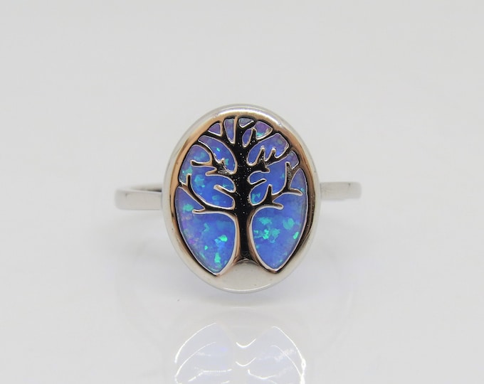 Vintage Sterling Silver Blue Opal Tree of Life Oval Dome Ring Size 7
