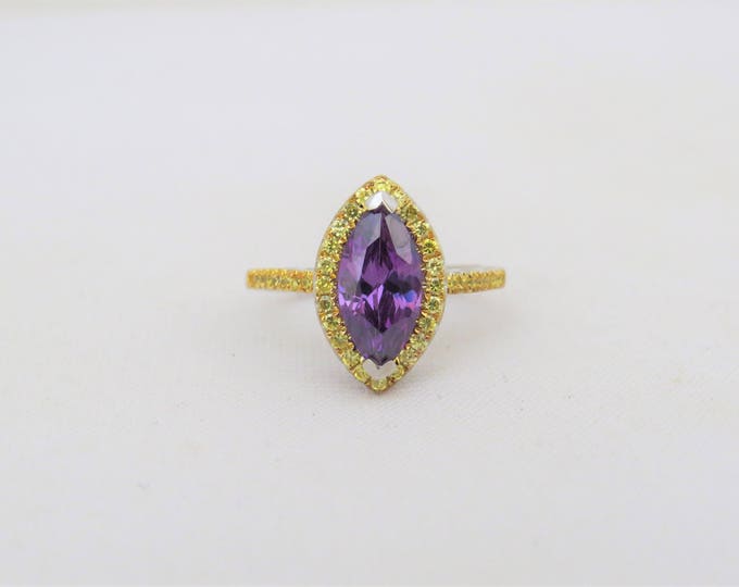 Vintage Sterling Silver Marquise cut Amethyst & Citrine Halo Ring Size 5
