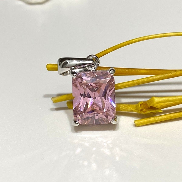 Sterling Silver Emerald cut Pink Sapphire Pendant.