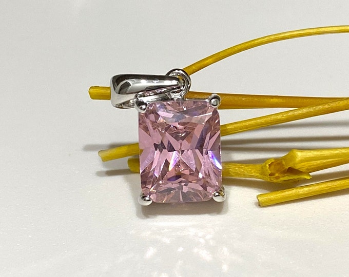 Sterling Silver Emerald cut Pink Sapphire Pendant.