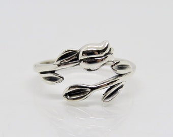 Sterling Silver Flower Leaf Ring Size 6