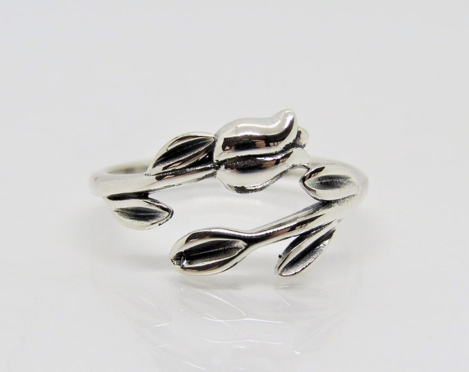 Sterling Silver Flower Leaf Ring Size 6