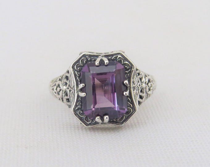 Vintage Sterling Silver Alexandrite Floral Filigree Ring Size 7
