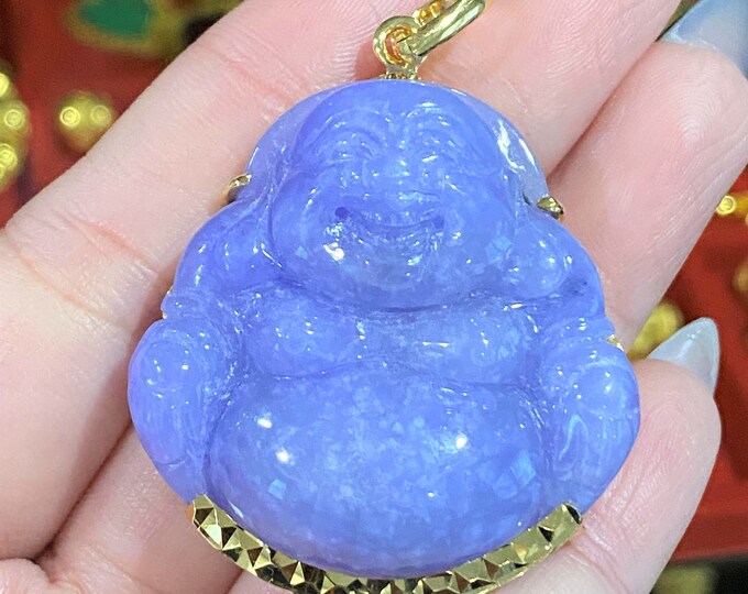 Vintage 18K Solid Yellow Gold Purple Lavender Jadeite Jade Laughing Buddha Pendant