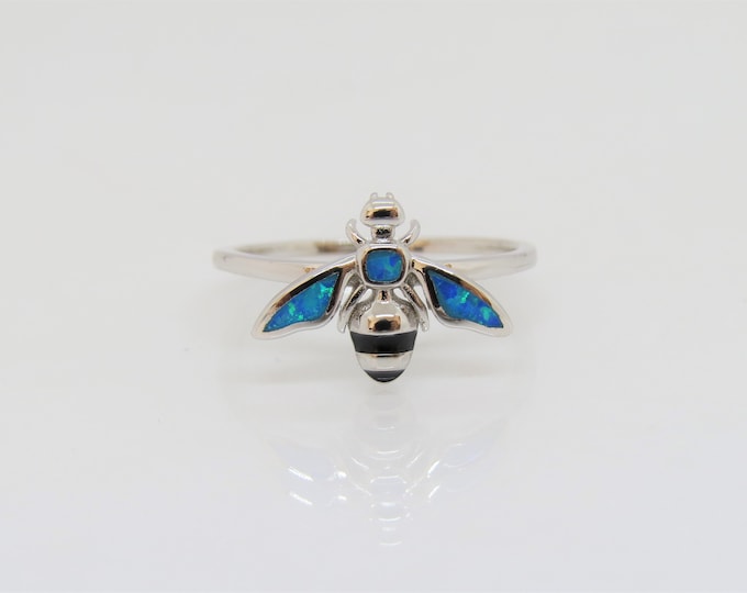 Sterling Silver Blue Opal & Black Onyx Bee Ring Size 5,6,7,8,9,10
