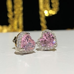 Sterling Silver Pink Sapphire & White Topaz Heart Earrings. image 7