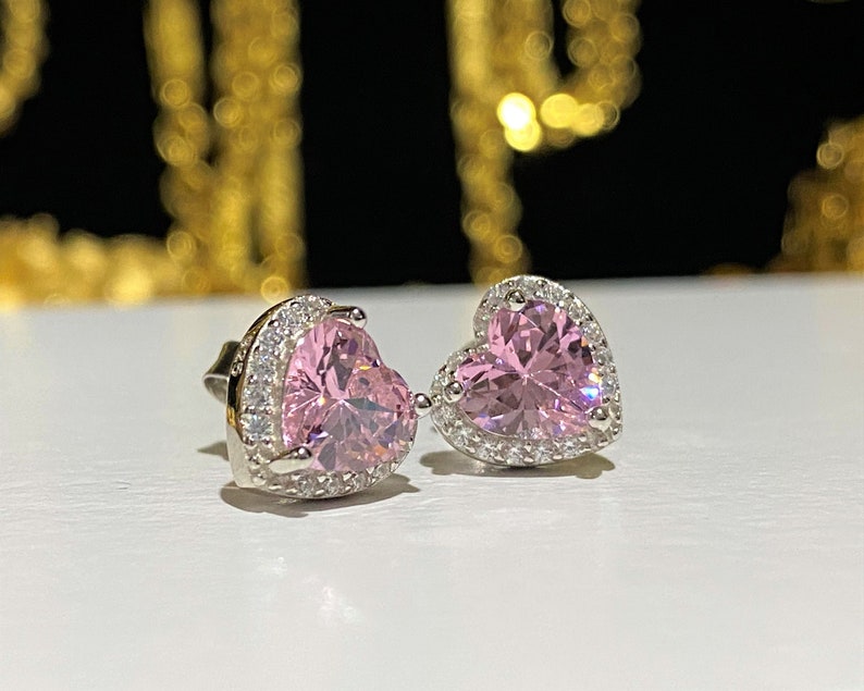 Sterling Silver Pink Sapphire & White Topaz Heart Earrings. image 7