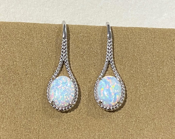 Vintage Sterling Silver Oval White Opal Earrings.