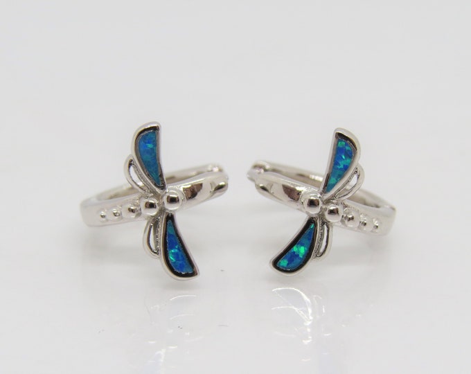 Vintage Sterling Silver Blue Opal Dragonfly Hoop Earrings