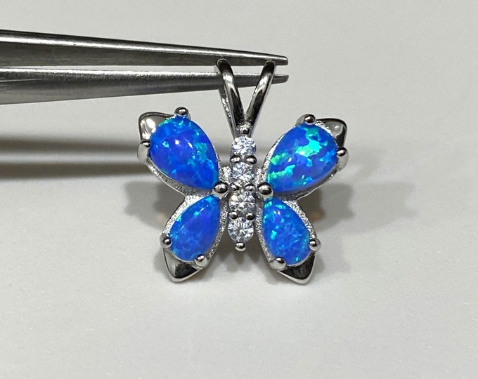 Vintage Sterling Silver Blue Opal & White Topaz Butterfly Pendant.