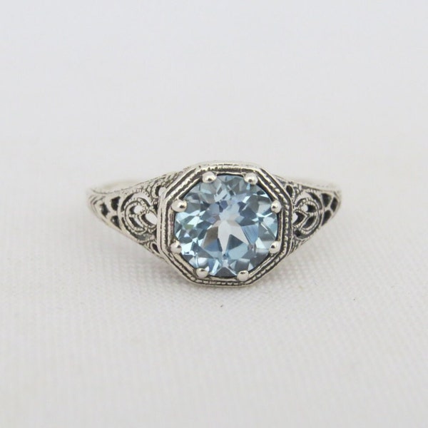 Vintage Sterling Silver Round Aquamarine Filigree Ring Size 6