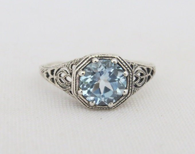 Vintage Sterling Silver Round Aquamarine Filigree Ring Size 6