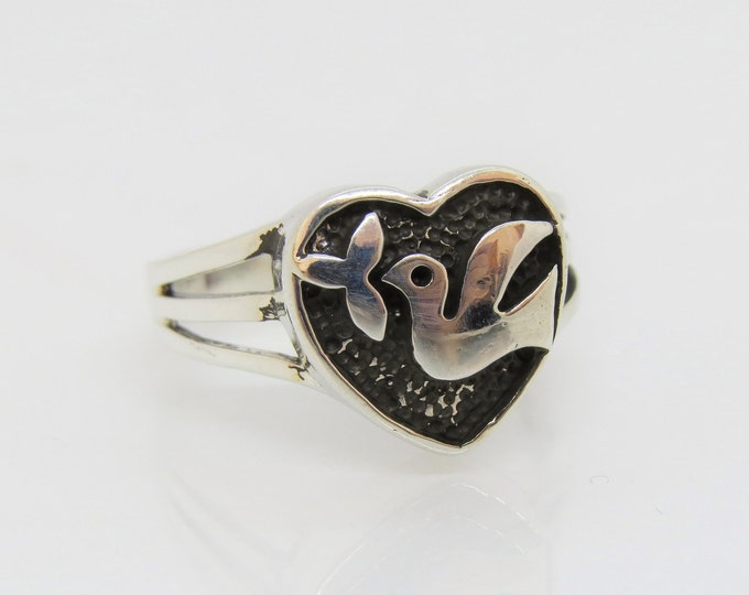 Vintage Sterling Silver Bird Dove Heart Ring Size 10