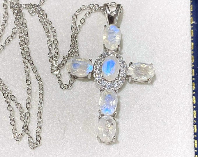 Vintage Sterling Silver Natural Moonstone, White Topaz Cross Pendant Chain 18''
