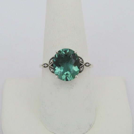 Vintage Sterling Silver Emerald & Seed Pearl Ring… - image 3