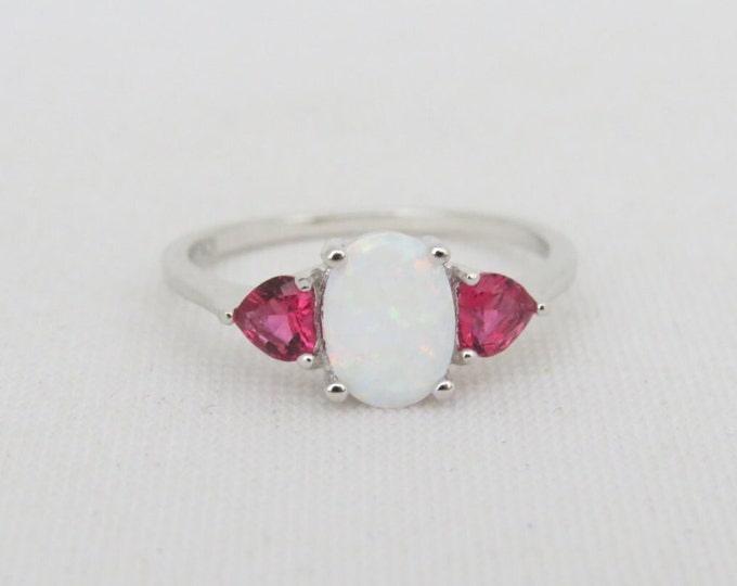 Vintage Sterling Silver White Opal & Red Ruby Ring Size 9