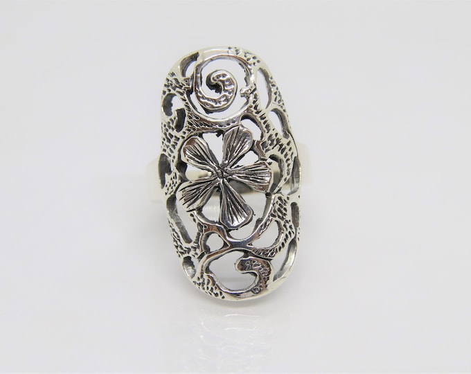 Vintage Sterling Silver Flower Filigree Long Ring Size 10