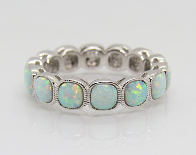 Vintage Sterling Silver White Opal Eternity Band Ring Size 8